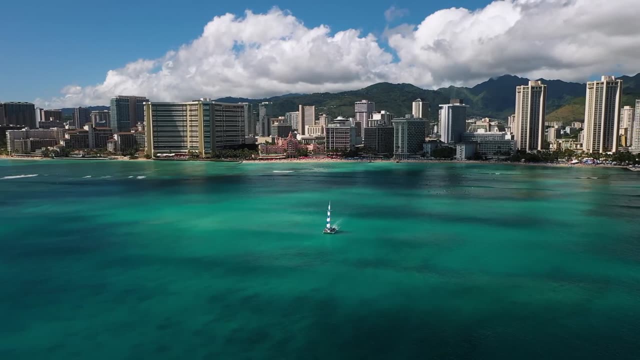Waikiki shoreline and high-rise skyline seen from the ocean