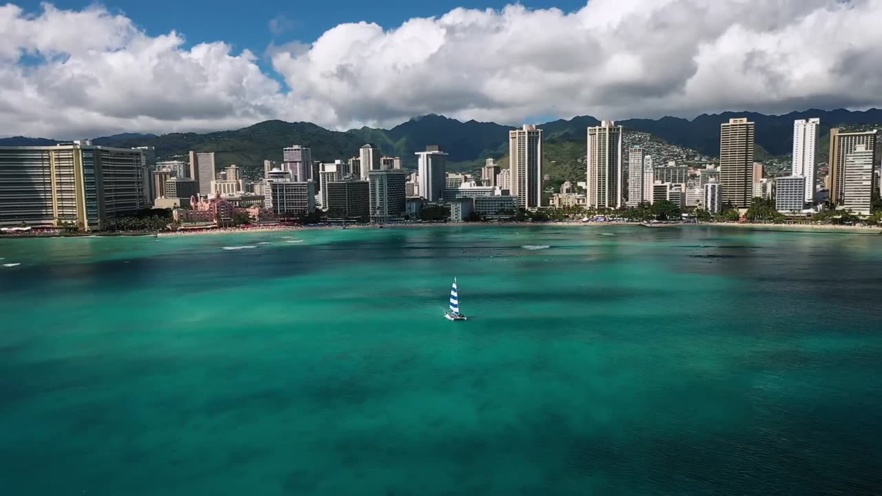 Aerial view of the Honolulu coastline and Koolau mountains
