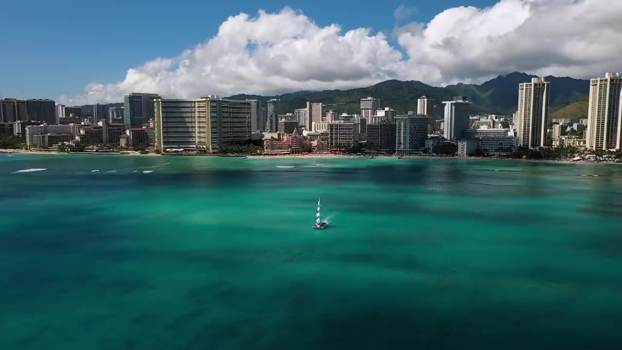 Aerial view of Waikiki Beach and the Honolulu skyline from over the water